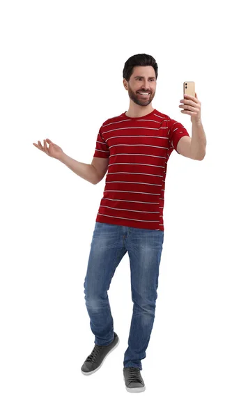 Smiling Man Taking Selfie Smartphone White Background — Stock Photo, Image