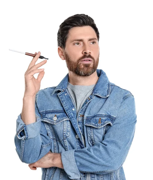 Άνδρας Που Χρησιμοποιεί Καπνοθήκη Για Κάπνισμα Απομονωμένος Λευκό — Φωτογραφία Αρχείου