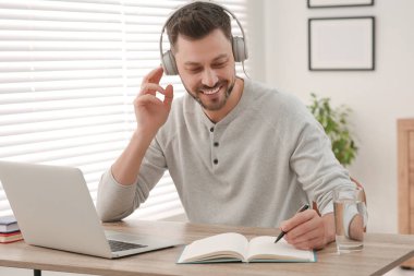 Çevrimiçi çeviri kursu. Kulaklıklı adam evde dizüstü bilgisayarın yanında yazıyor.