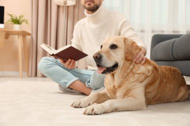 Evindeki şirin Labrador Retriever 'ının yanında yerde kitap okuyan adam, yakın plan. Metin için boşluk