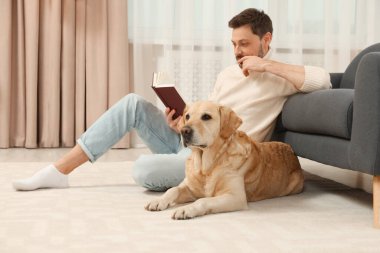 Adam yerde kitap okuyor. Evindeki şirin Labrador Retriever 'ının yanında.