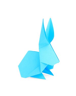 Light blue paper bunny isolated on white. Origami art