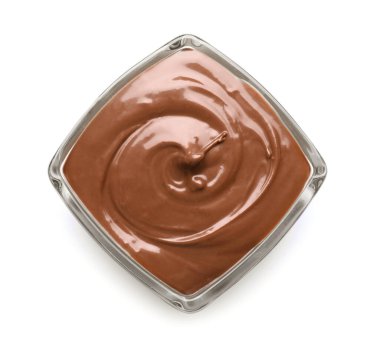 Bir kase lezzetli çikolata ezmesi, beyaz, üst manzara.