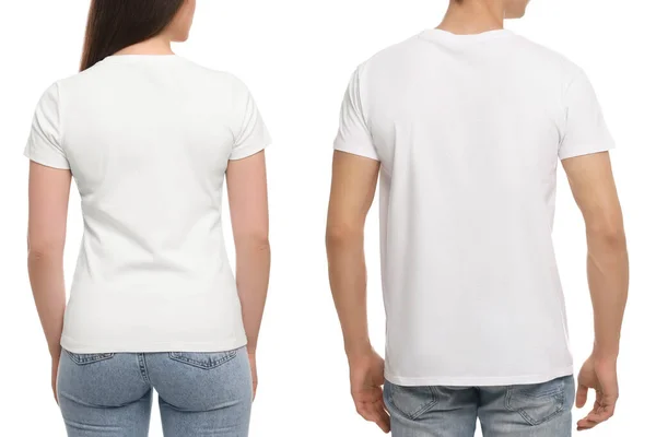Gente Que Usa Camisetas Casuales Sobre Fondo Blanco Vista Trasera — Foto de Stock