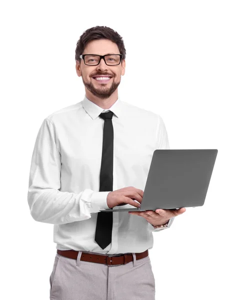 Glücklicher Mann Mit Laptop Auf Weißem Hintergrund — Stockfoto