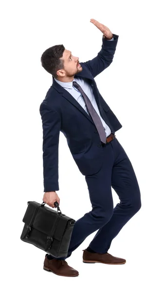 Handsome Bearded Businessman Suit Briefcase Avoiding Something White Background — Stock Photo, Image