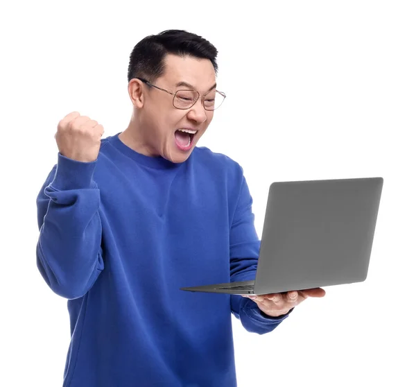 Pria Emosional Dengan Laptop Pada Latar Belakang Putih — Stok Foto