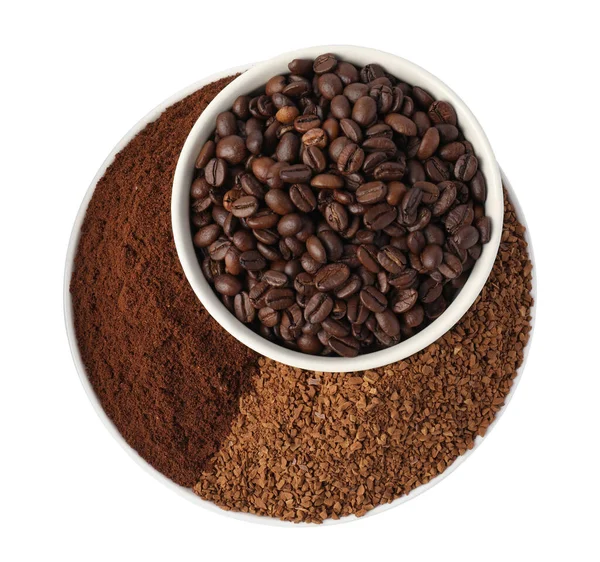 Bord Met Instant Gemalen Koffie Geroosterde Bonen Witte Achtergrond Bekijken — Stockfoto