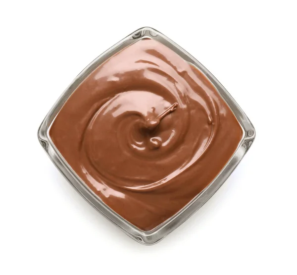 美味可口的巧克力酱碗 顶视图隔离 — 图库照片
