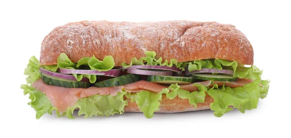 Délicieux Sandwich Aux Légumes Frais Saumon Isolé Sur Blanc — Photo