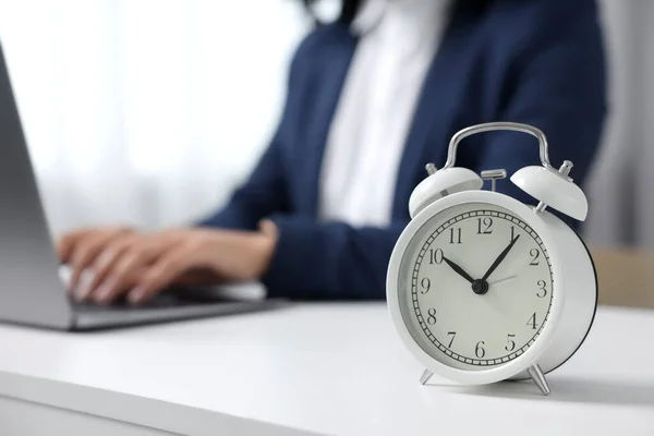 Stressful Deadline Alarm Clock Woman Working White Desk Indoors Closeup — Stock Photo, Image
