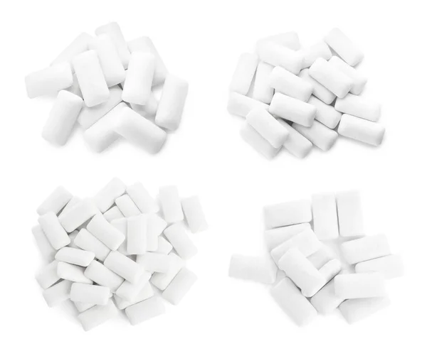 白色背景上的一堆堆口香糖垫 顶部视图 大学校园设计 — 图库照片