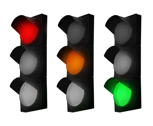 Collage Del Semaforo Con Diversi Semafori Luminosi Rosso Arancione Verde — Foto Stock