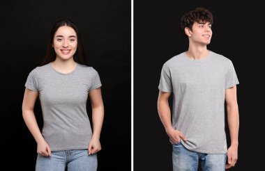Siyah arka planda gri tişörtler giyen insanlar. Tasarım için model