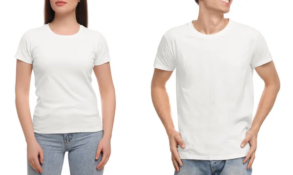 Άνθρωποι Που Φορούν Καθημερινά Μπλουζάκια Λευκό Φόντο Κοντινό Πλάνο Mockup — Φωτογραφία Αρχείου