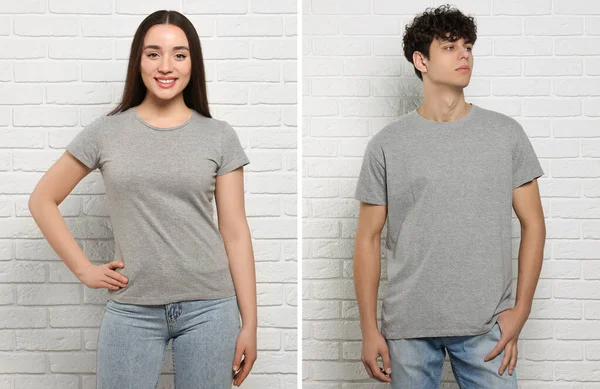 Gente Que Usa Camisetas Grises Cerca Pared Ladrillo Blanco Burla — Foto de Stock