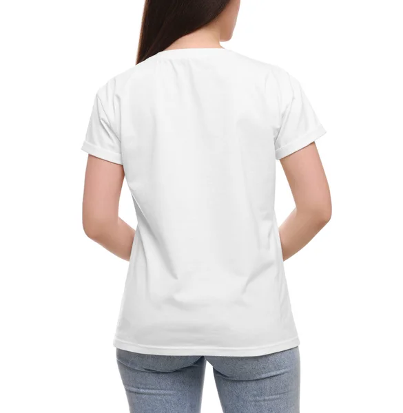 Mulher Vestindo Elegante Camiseta Fundo Branco Close — Fotografia de Stock