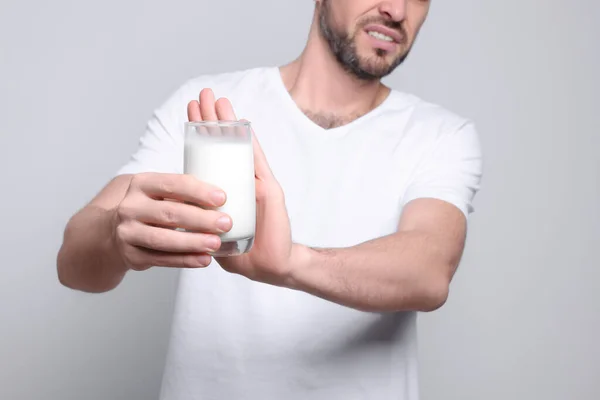 Man Glass Milk Suffering Lactose Intolerance White Background Closeup — Zdjęcie stockowe