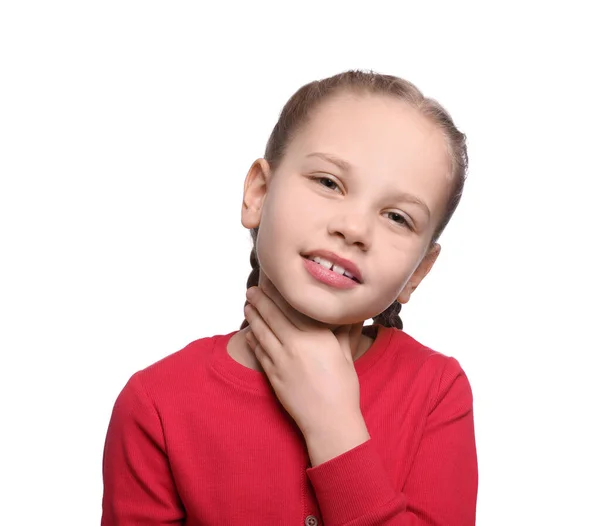 Mädchen Leidet Unter Halsschmerzen Auf Weißem Hintergrund — Stockfoto