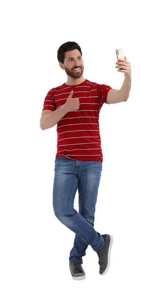 Smiling Man Taking Selfie Smartphone Showing Thumbs White Background — Stock Photo, Image