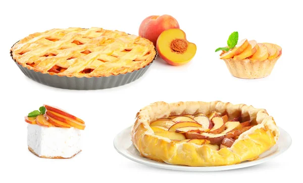 Collage with delicious peach desserts on white background