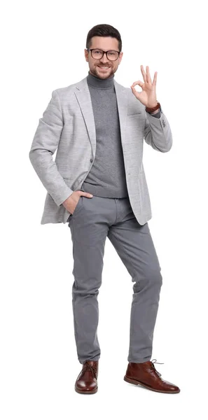 Handsome Bearded Businessman Eyeglasses Showing Gesture White Background — Stock Photo, Image