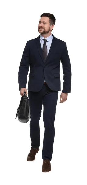 Beyaz Arka Planda Çantası Olan Takım Elbiseli Yakışıklı Sakallı Adamı — Stok fotoğraf