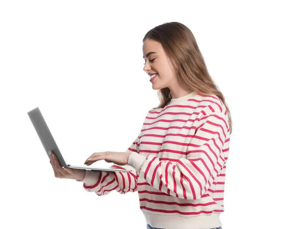 Щаслива Жінка Ноутбуком Білому Тлі — стокове фото