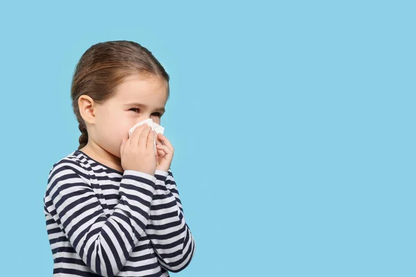 Girl Blowing Nose Tissue Light Blue Background Space Text Cold — Stock Photo, Image