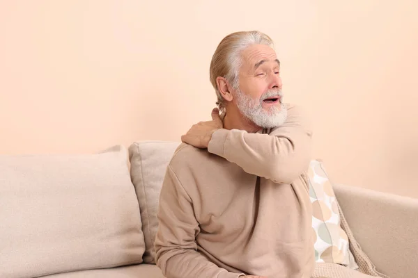 Senior Man Suffering Pain His Shoulder Home Space Text Arthritis — Stock Photo, Image