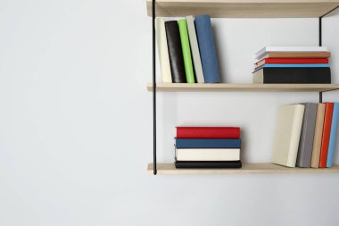 Beyaz duvarda bir sürü ciltli kitap olan raflar. Metin için boşluk