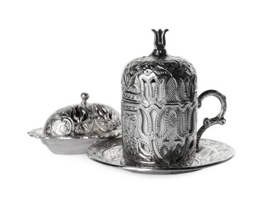 Beautiful vintage tea set on white background