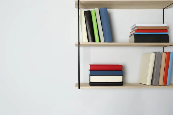 Shelves Many Hardcover Books White Wall Space Text — Fotografia de Stock
