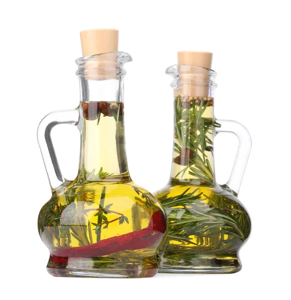 Glass Jugs Cooking Oils Spices Herbs White Background — Stock Photo, Image
