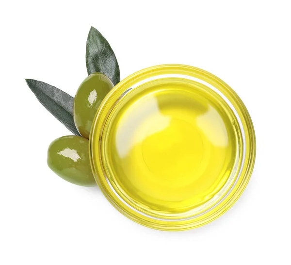 Cooking Oil Bowl Olives Leaves White Background Top View — Fotografia de Stock