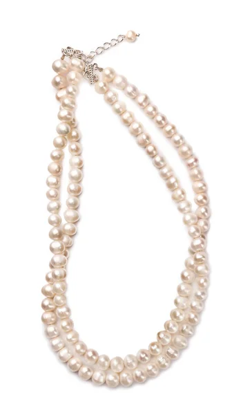 Elegant Pearl Necklace Isolated White Top View - Stock-foto