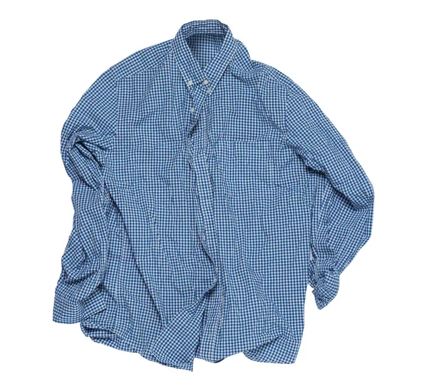 Crumpled Ljusblå Gingham Skjorta Vit Bakgrund Ovanifrån — Stockfoto