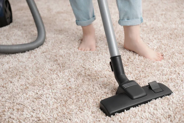 Woman Cleaning Carpet Vacuum Cleaner Closeup Space Text — Stock Photo, Image