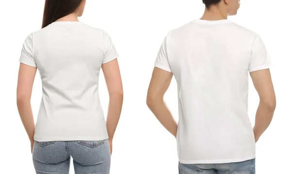 Άνθρωποι Που Φορούν Καθημερινά Μπλουζάκια Λευκό Φόντο Πίσω Όψη Mockup — Φωτογραφία Αρχείου