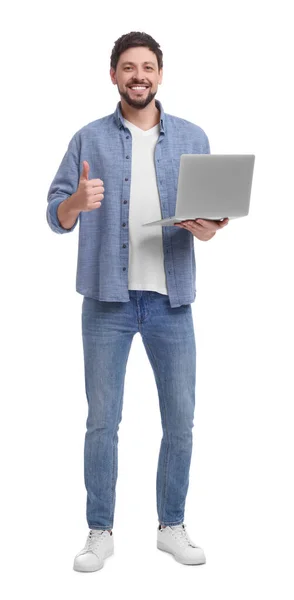 Happy Man Laptop Showing Thumb White Background — Stock Photo, Image