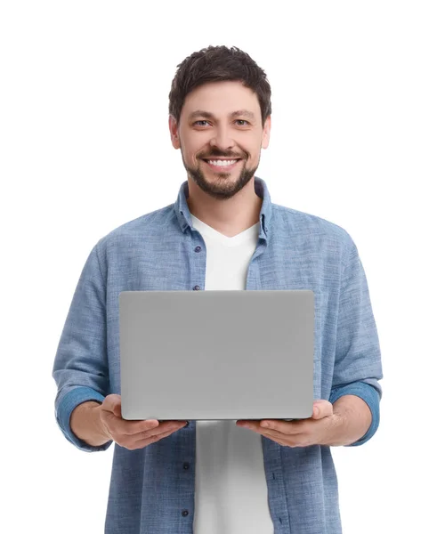 Homem Feliz Com Laptop Fundo Branco — Fotografia de Stock