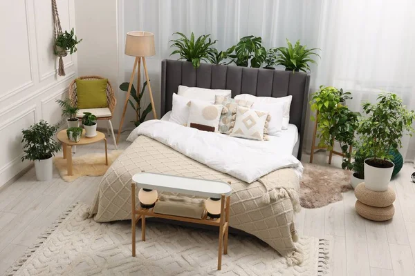 Duże Wygodne Łóżko Lampa Piękne Rośliny Sypialni Projekt Wnętrza — Zdjęcie stockowe