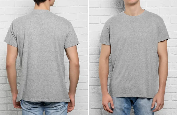 Homem Vestindo Camiseta Cinza Perto Parede Tijolo Branco Vista Para — Fotografia de Stock