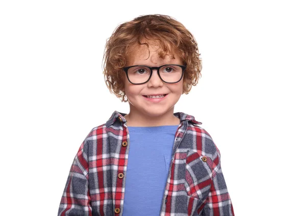 Niño Sonriente Con Gafas Sobre Fondo Blanco — Foto de Stock