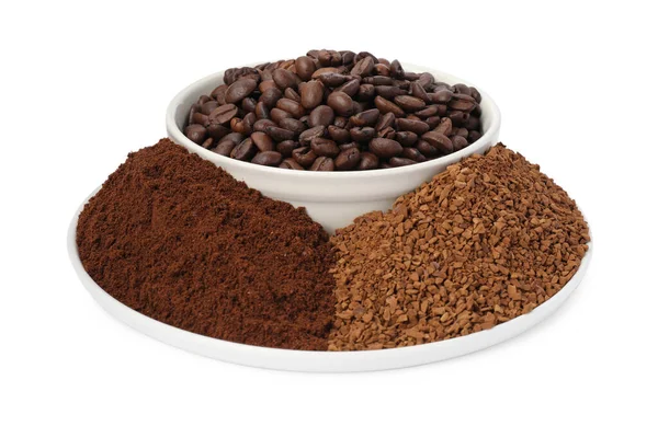 Bord Met Instant Gemalen Koffie Geroosterde Bonen Witte Achtergrond — Stockfoto