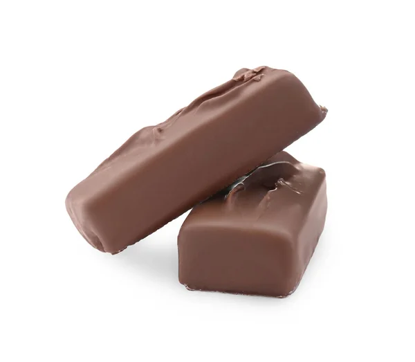Duas Saborosas Barras Chocolate Fundo Branco — Fotografia de Stock