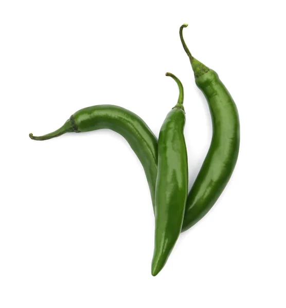 Groene Hete Chili Pepers Witte Achtergrond Bovenaanzicht — Stockfoto