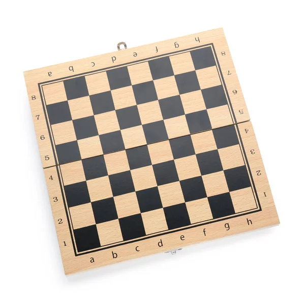 Prázdná Dřevěná Šachovnice Izolovaná Bílém Horní Pohled — Stock fotografie