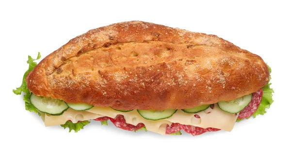 Délicieux Sandwich Concombre Fromage Salami Feuilles Laitue Isolé Sur Blanc — Photo