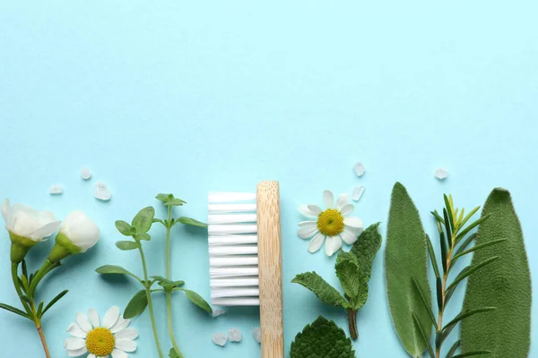 Bamboo Toothbrush Beautiful Flowers Sea Salt Herbs Turquoise Background Flat — Stock Photo, Image